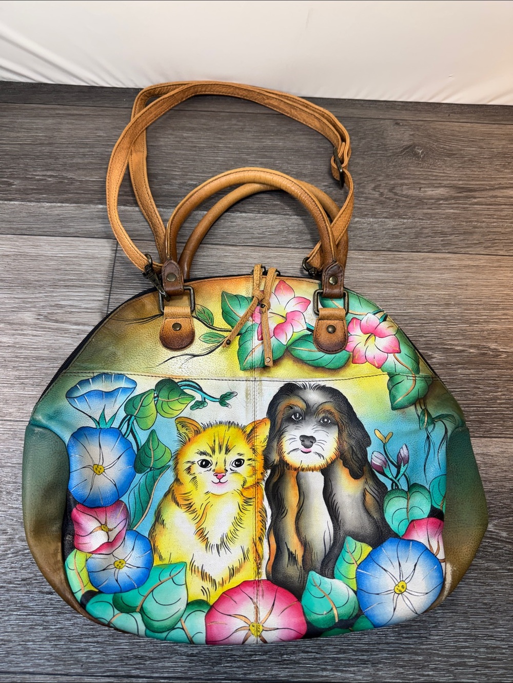 Anuschka Multicolor Hand-Painted Leather Bag with Cat and Dog